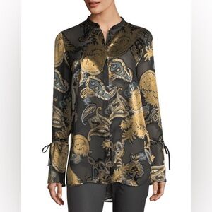 Lafayette 148 Black Gold Paisley Floral Burnout Blouse Tunic Top